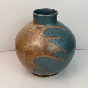 Handcrafted Mexican Ceramic Pottery Vase Blue & Bronze Drip Glaze 6” Rustic